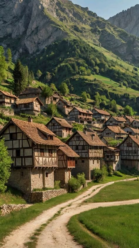 #medieval #village #house #mountains Medieval Mountain Village, Medieval Town Aesthetic, Fantasy Village Aesthetic, Medieval Village Aesthetic, Medieval Village Layout, Medieval Village Art, Medieval Village House, Fantasy Setting Village, Medieval Fantasy Village