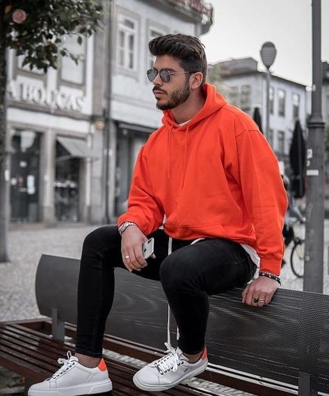 Orange Hoodie Outfit Men, Orange Hoodie Outfit, Hoodie Men Outfit, Hoodie Outfit Men, Mens Fashion Wear, Orange Hoodie, Outfits Hombre, Hipster Mens Fashion, Street Style Outfits Men