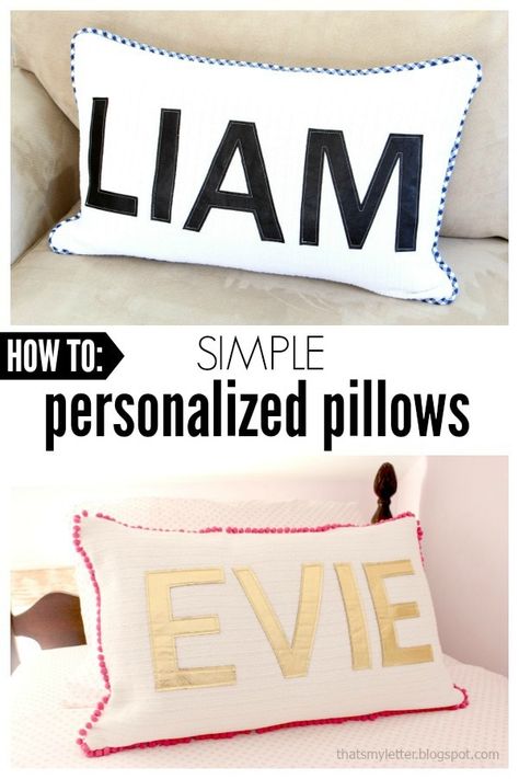 How to make simple personalized pillows.  A sewing project that makes a great gift and pretty decor too! In case you’re wondering I made these pillows for my friend Jen at The House of Wood as a thank you gift.  She has two little ones so I made one pillow for her daughter and one... Read more Personalized Pillows Diy, Personalized Pillow Cases Kids, Diy Toddler Bed, Sewing Binding, Personalized Pillow Cases, Diy Toddler, Boys Bedding, White Blanket, Pretty Decor