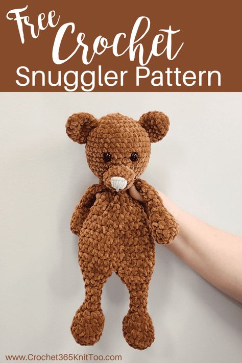 Darling crochet bear Snuggler pattern #crochetsnuggler #crochetbear #crochet365knittoo Easy Crocheted Stuffed Animals, Crochet Snugglers, Snuggler Pattern, Crochet Snuggler, Lovey Free Pattern, Crochet Lovey Free Pattern, Large Crochet Hooks, Crochet Bear Patterns, Crochet Lovey