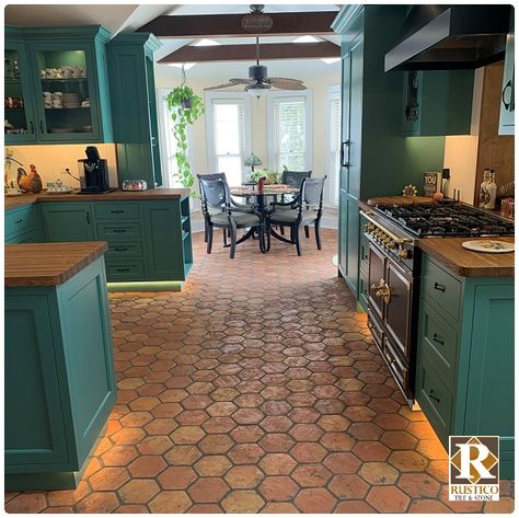 Hexagon Spanish Tile | Saltillo Flooring (Photos | Shipped by Rustico Tile Saltillo Tile Kitchen, Spanish Tile Kitchen, Modern Kitchen Tile Floor, Kitchen Floor Tile Design, Modern Kitchen Flooring, Saltillo Tile Floor, Saltillo Tile, Brick Kitchen, Spanish Tile