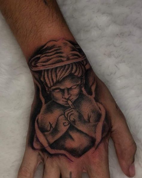 Cupid Hand Tattoo, Meaningful Hand Tattoos For Guys, Angle Hand Tattoo, Angel Hand Tattoo Men, Hand Tattoos For Black Men, Arm And Hand Tattoos, Hand Tattoo Designs Men, Tattoo Men Hand, Hand Tattoos For Guys Ideas