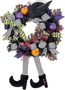 Make A Ribbon Bow, How To Make A Ribbon Bow, Halloween Witch Wreath, Halloween Door Wreaths, Casa Halloween, Witch Legs, Black Wreath, Witch Wreath, Pumpkin Door