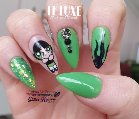 Green nails flames glitter powerpuff girl buttercup Powerpuff Nails Acrylic, Powerpuff Nails, Bubbles Powerpuff Nail Art, Buttercup Powerpuff Nails, Buttercup Nails, Shego Nails, Powerpuff Girl Nail Art, Buttercup Nails Acrylic, Powerpuff Girls Nail Art