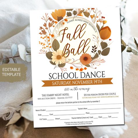 Autumn Fall Ball Dance Invite and Flyer Dance the night away and make memories to last with this Fall Ball Dance Theme Set High School Formal, Autumn Gala Event, Homecoming Invite! Invite all your friends and party like it's the most special night of the year - and with this inviting and inspiring flyer, it will be! ________________________________________________ Edit in your browser after purchase with Templett.com 💻 Try before you buy - Click here to demo the design Invite is formatted to pr Fall Ball Dance, School Dance Themes, Dance Flyer, Dance Theme, School Formal, Ball Dance, Fall Ball, Dance Themes, Gala Event