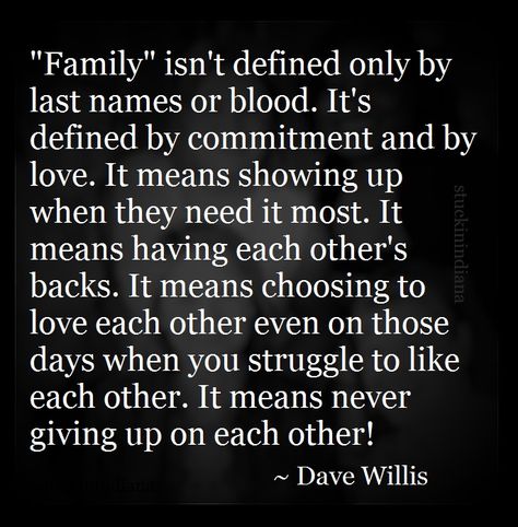 "Family" isn't defined only by last names or blood. It's defined by commitment and by love. It means showing up when they need it most. It means having each other's backs. It means choosing to love each other even on those days when you struggle to like each other. It means never giving up on each other! ~ Dave Willis #quote Love Each Other Quotes, Step Family Quotes, Family Support Quotes, Quotes Family Love, Step Dad Quotes, Rose Hill Designs, Blended Family Quotes, Step Mom Quotes, Quotes About Family