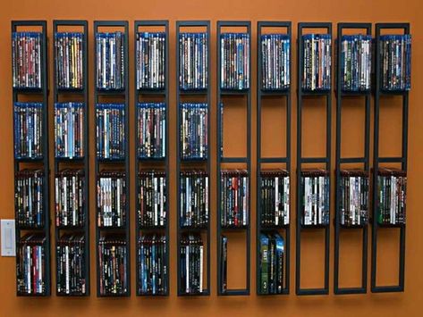 40 DVD Storage Ideas - Organized Movie Collection Designs Dvd Wall Storage, Diy Dvd Shelves, Dvd Diy, Ikea Dvd Storage, Dvd Storage Solutions, Dvd Storage Tower, Dvd Storage Ideas, Movie Storage, Diy Dvd Storage