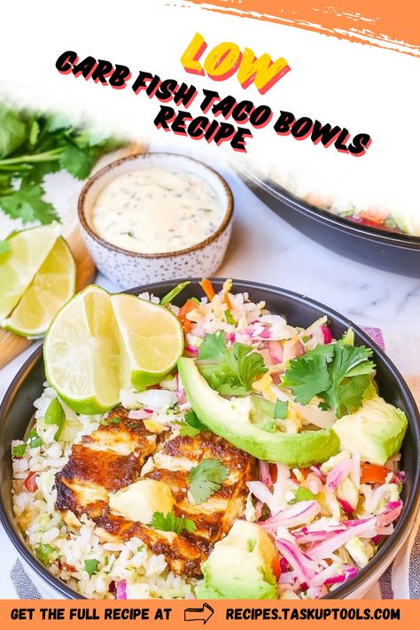 Discover the ultimate Low Carb Fish Taco Bowls Recipe that's bursting with flavor and perfect for a healthy meal! This mouthwatering dish combines tender, seasoned fish with a vibrant mix of fresh vegetables and zesty toppings, all served in a low-carb bowl. Whether you're following a ketogenic diet or simply looking for a nutritious dinner option, these easy-to-make fish taco bowls will satisfy your cravings without the carbs. Dive into this delicious recipe and transform your weeknight meals with a taste of the coast! Fish Taco Bowl Recipe, Fish Taco Bowl Healthy, Fish Taco Bowl, Baked Cod Fillets, Spicy Coleslaw, Taco Bowl Recipe, Nutritious Dinner, Baked Fish Fillet, Taco Bowl