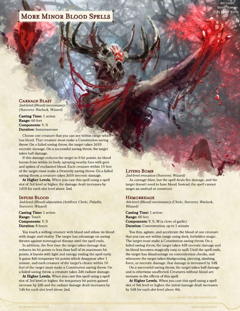 Minor Blood Magic II — DND Unleashed: A Homebrew Expansion for 5th Edition Dungeons and Dragons 5e Spells, Homebrew Spells, Dnd Barbarian, Barbarian Dnd, Dnd Stat Blocks, Dnd Subclasses, D D 5e Homebrew, Homebrew Classes, Homebrew Monsters