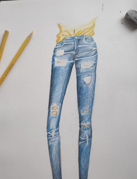 Staedtlers colour pencils sketch, drawing ripped jeans, fashion illustration YouTube video Ripped Jeans Sketch, Jeans Sketch Illustration, Ripped Jeans Drawing, Denim Rendering, Jeans Fashion Illustration, Denim Fashion Illustration, Ripped Jeans Fashion, Illustration Youtube, Pencils Sketch