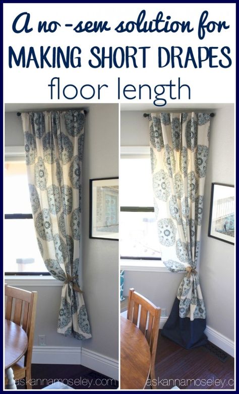 An inexpensive, no-sew solution to make short drapes floor length - Ask Anna Diy Short Curtains, Shorten Curtains Without Sewing, Quick Fix For Short Drapes, How To Shorten Curtains Without Sewing, How To Hem Drapes Without Sewing, Lengthen Curtains, Shower Curtain With Valance, Wicker House, Window Boxes Diy