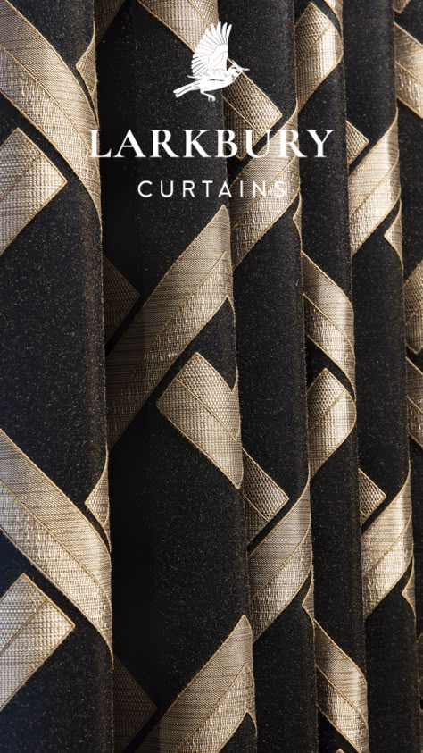 Black and gold bespoke curtains. Exclusively made and installed by Larkbury Curtains. Black And Gold Curtains, Bespoke Curtains, Luxury Drapery, Living Room And Bedroom Combo, Curtain Designs For Bedroom, Luxurious Curtains, Art Deco Curtains, Curtains Design, Bedroom Curtain Ideas