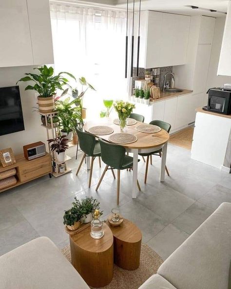 Small Round Dining Table In Living Room, Living Room With Round Dining Table, Living Room With Round Table, Small Living And Kitchen Room Ideas, Home Interior Design Living Room Small Spaces, Kitchen With Round Table, U Kitchen Layout, Boho Kitchen Table, Round Tables