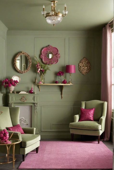 Why Unexpected Allure? Sage Green and Raspberry Setting Room Wonders [2024] Explored! #Ad #homedecor #homedesign #fixhome #Painthome #interiorarchitecture Green And Raspberry Living Room, Olive Green And Pink Living Room, Sage Green And Pink Decor, Sage Green And Red Living Room, Burgundy And Green Living Room, Pink And Green Home Decor, Pink And Green Walls, Interior Design Pink And Green, Pink And Green Interior Design