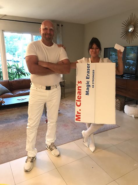 Black And White Couples Costumes, Me Clean Halloween Costume, Me Clean Costume, Mr Clean Halloween Costume Couples, Mr Clean Couples Costume, Mr Clean Halloween Costume, Mr Clean Costume, Ugly Costumes, Clever Halloween Costumes For Couples