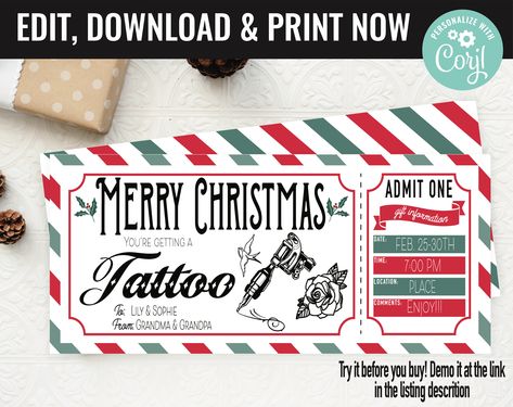 Christmas Surprise Tattoo Ink Gift Voucher, Tattoo Gift Present Printable Template Gift Card, Editable Instant Download Gift Certificate - Etsy Portugal Tattoo Gift Certificate Template, Tattoo Gift Card, Christmas Voucher, Christmas Gift Vouchers, Christmas Tattoo, Studio Tattoo, Christmas Surprise, Card Tattoo, Christmas Gift Card