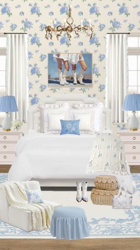 Blue and white love shack fancy inspired southern bedroom inspo! Fancy Bedroom Ideas, Southern Bedroom, Fancy Bedroom, Cottage Room, Bedroom Upgrade, College Dorm Room Decor, Love Shack Fancy, Dorm Room Inspiration, White Love