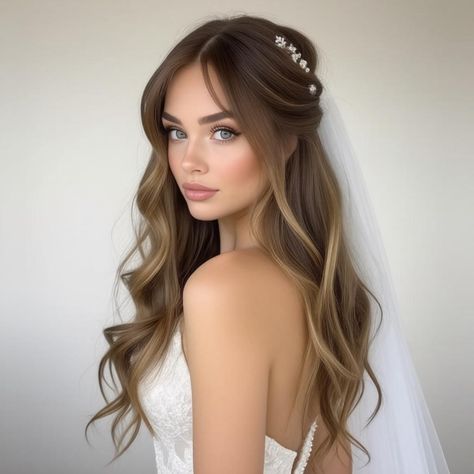 👑💫 Stunning Down Wedding Hairstyles wedding hairstyles half up half down bangs | Exclusive Reve... are the perfect choice for brides looking to combine elegance and romance on their special day. These gorgeous hairstyles embrace the beauty of flowing locks while adding a touch of sophistication with stylish bangs. Whether you're aiming for a classic or modern look, half up half down styles offer versatility and charm, ensuring you feel radiant as you walk down the aisle. Explore a selection of breathtaking inspirations that will leave your guests in awe. Bridal Hair For Square Face Shape, Wedding Half Up Half Down With Headpiece, Wedding Long Hairstyles Half Up, Hairstyles With Tiara Wedding, Bridal Hair Half Up Headband, Wedding Hairstyles Face Framing, Wedding Bride Hairstyles Hair Down, Half Up Half Down Round Face, Wedding Hairstyles Half Up Half Down Straight