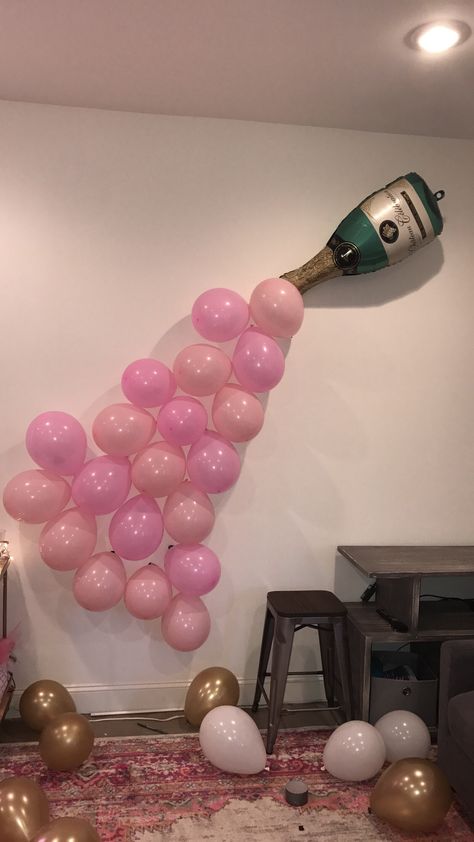 21st Birthday Party Photo Wall, Pink And White 21st Birthday Decor, 21st Birthday Apartment Decorations, 21st Photo Wall, 21 Birthday House Party Ideas, Champagne 21st Birthday Ideas, Birthday Pregame Ideas, Party Themes 21st Birthday, Drinking Birthday Party Ideas