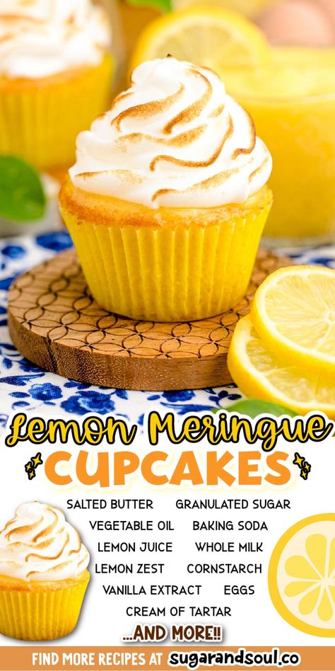 Lemon Meringue Cupcakes Recipe, Baking Soda Lemon Juice, Lemon Meringue Cupcakes, Meringue Cupcakes, Delicious Cupcakes Recipes, Fabulous Desserts, Homemade Lemon Curd, Meringue Frosting, Curd Filling