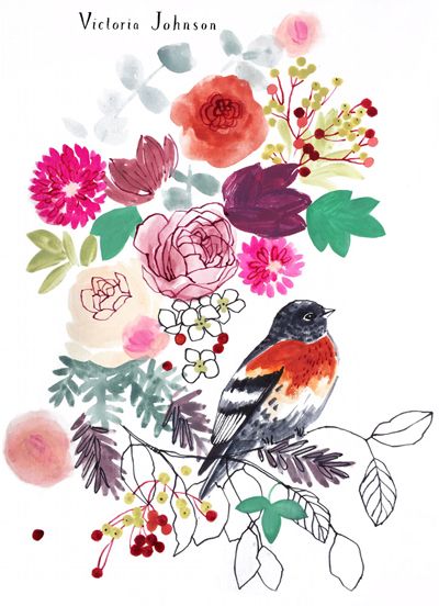 Victoria Johnson, Birds Pictures, Modern Florals, Birds Design, Greenery Decor, Floral Illustration, Pen And Watercolor, Illustration Ideas, Design And Illustration