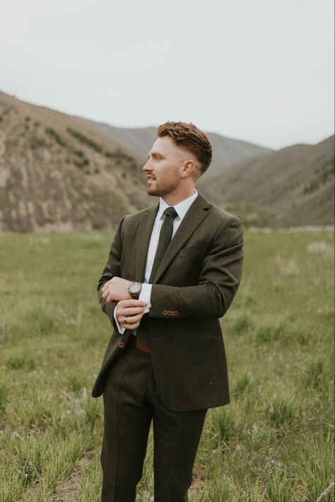 Moss Green Suit Wedding, Men’s Forest Green Suit, Groom Suit Mountain Wedding, Cottage Core Groom Suit, Green And Tan Groomsmen, Mens Dark Green Suit, Groom Suit Garden Wedding, Dark Green Wedding Suit Grooms, Green Suit Wedding Groom