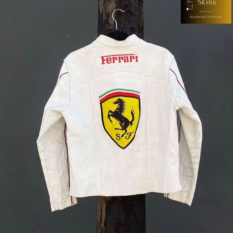 White Classic ferrari styles Leather jacket🤍🔥 Ferrari Leather Jacket, Racing Leather Jacket, Classic Ferrari, Formula 1 Racing, Leather Skin, Bring It, Formula 1, 10 Days, Ferrari