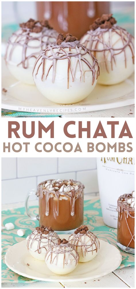 rum chata hot cocoa bombs Coffee And Chocolate Bar, Different Hot Cocoa Flavors, Hot Coco Balls Diy, Hot Cocoa Balls Christmas, Boozy Cocoa Balls, Chocolate Mold Desserts, Hot Cocoa Bombshell Recipe Diy, Boozy Hot Cocoa Bar, Hot Coco Bombshell Diy