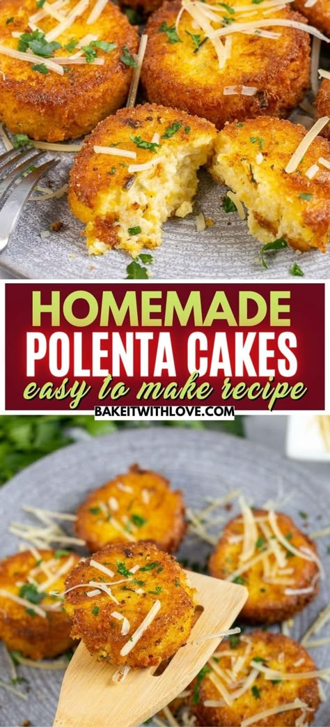 These polenta cakes are fried to perfection so that the outside is beautifully crispy while the inside remains nice and soft! You can use leftover creamy polenta or just make the cakes entirely from scratch! Whip up your favorite polenta, allow it to chill and set, cut it into shapes, and fry it until golden! BakeItWithLove.com #bakeitwithlove #polenta #polentacakes #friedpolenta Pan Fried Polenta, Fried Polenta Cakes, Crispy Polenta Cakes, Cornmeal Polenta, Fried Polenta, Crispy Polenta, Polenta Recipe, Baked Polenta, Polenta Fries