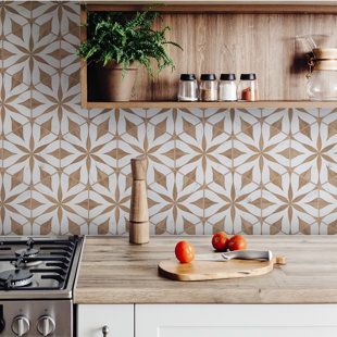 Flower Kitchen Backsplash, Geometric Tile Floor, Camper Updates, Hexagon Tile Backsplash, Bohemian Tiles, Kitchen Cabinet Inspiration, Hexagon Floor, Fireplace Facade, Hexagon Tile