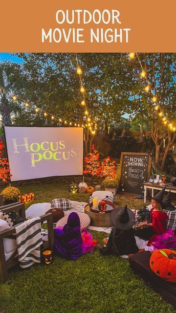 Outdoor Spooky Movie Night, Hocus Pocus Outdoor Movie Night, Backyard Halloween Movie Night, Outdoor Movie Set Up, Fall Outdoor Movie Night Ideas, Fall Outdoor Movie Night, Outdoor Halloween Movie Night, Halloween Outdoor Movie Night, Hocus Pocus Movie Night