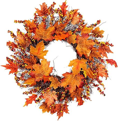 Fall Front Door Wreath - Artificial Fall Wreath - 24”Floral Wreath with Berries - Autumn Maple Leaves Wreath for Front Door Wall Window Halloween Christmas Thanksgiving Harvest Festival Decor: Amazon.ca: Home & Kitchen Small Porch Decorating, Thanksgiving Garland, Maple Leaf Wreath, Fall Leaf Wreaths, Fall Decor Wreaths, Small Porch, Harvest Wreath, Autumn Recipes, Door Wreaths Fall