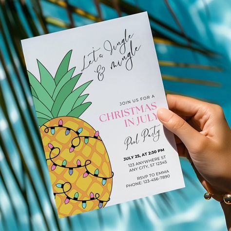 Tropical Christmas in July invitations 🍍🎄 Ready, set, swim! Summer Christmas is almost here 😎 This bright yellow pineapple Christmas in July invitation set is sure to wow your guests. The tropical Christmas party pool party invite templates are fully editable. Change the wording to match your own taste and event! #christmasinjuly #julychristmas #summerchristmas #christmaspoolparty #christmasbeach #christmaspartyideas #tropicalchristmas #summersanta #pineappleinvitation #christmasparty Hawaiian Holiday Party, Summer Christmas Party, Tropical Christmas Party, Christmas In July Party, Christmas In July Birthday Party, Christmas In July Party Ideas, Happy Summer Holidays, Pineapple Christmas, Summer Christmas