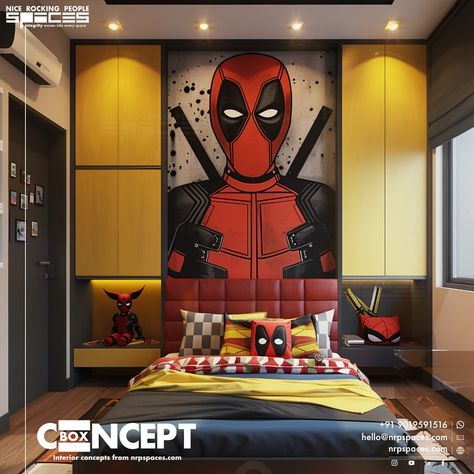 #deadpoolwolverine #themedinteriors Call us to know more #marvel #deadpool #wolverine #disney #movie #mcu #red #yellow Boys Bed, Deadpool And Wolverine, Deadpool Wolverine, Boys Bedding, Marvel Deadpool, Disney Movie, July 28, Boys Room, Boy's Room