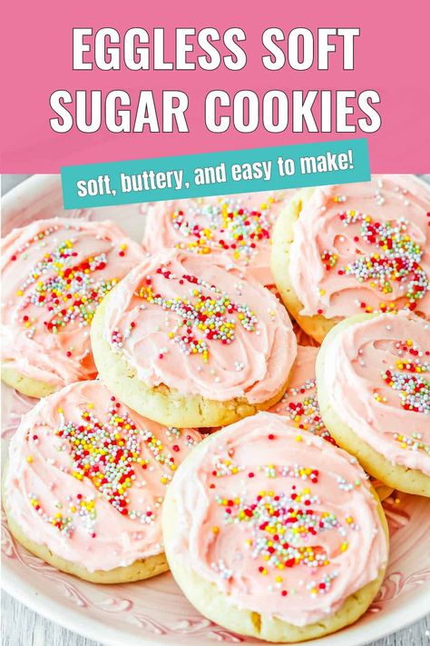 This Easy Eggless Soft Sugar Cookies are soft, thick, buttery, and super easy to make! The recipe turns out perfect every time, and the cookies stay soft for days! The recipe includes step-by-step photos and lots of tips. Baked Goods Without Eggs, No Egg Recipes Baking, Easy Cookie Recipes No Egg, No Egg Cookies Recipes, Dessert With No Eggs, Cookie Without Eggs, Sugar Cookie Recipe Without Eggs, Easy Eggless Desserts, Sugar Cookie Recipe No Egg