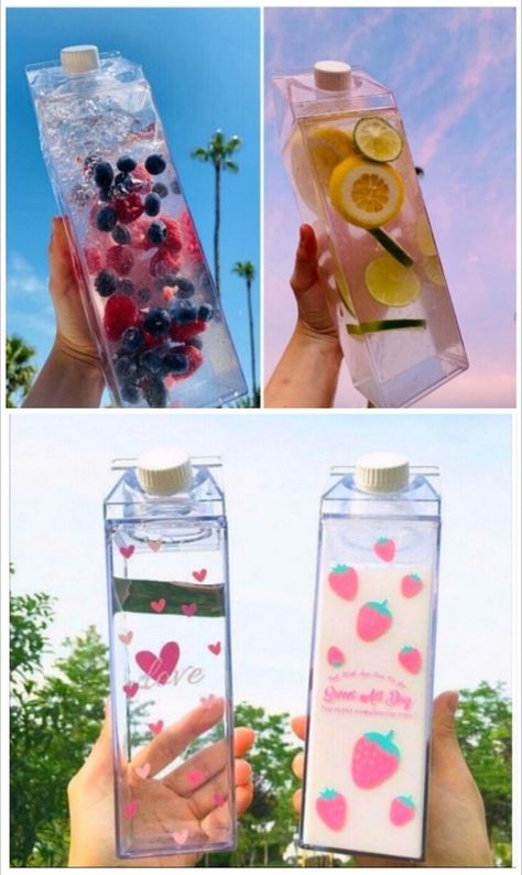 Aesthetic clear, water bottles shaped like milk cartons. Aesthetic Containers, Milk Carton Water Bottle, Milk Cartons, Sketches Tutorial, Milk Carton, Cute Cups, Milk Bottle, Voss Bottle, Plastic Water Bottle