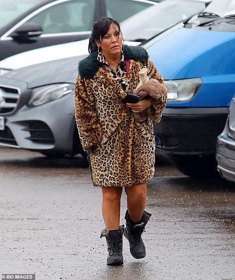 Eclectic: EastEnders star Jessie Wallace was transformed into Kat Slater to film scenes for the soap on Tuesday, as she was spotted donning the character's  signature leopard print coat Kat Slater Eastenders, Kat Slater, Jessie Wallace, Film Scenes, Leopard Print Coat, Female Head, Hot Water Bottle, Halloween 2017, Print Coat