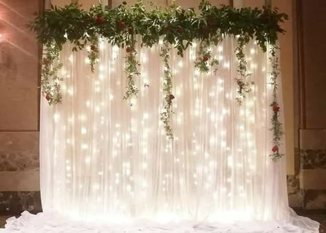 White Back Drop With Lights, Curtains With Lights Backdrop, Wedding Light Wall, Lighted Backdrop Wedding, Tulle Backdrop Wedding, Fairy Light Wedding Backdrop, Curtain Lights Backdrop Wedding, Twinkle Light Backdrop Wedding, Sheer Backdrop With Lights