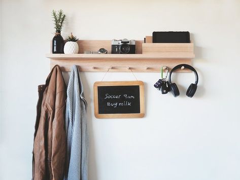 9 Genius Organizers to Speed Up Your Morning Routine and Get Out the Door Faster | The trick to speeding up and destressing your morning routine is to put systems in place that help you stayed organized.  Make it easier to grab a scarf and find your wallet by installing a wall-hanging organizer with hooks, a shelf, and a slot for mail. With everything you need to grab organized in one spot, you'll waste less time looking for something.  #organizingideas #realsimple Entryway Organizer Shelf, Wall Mount Coat Rack, Entryway Organizer Wall, Coat Rack Entryway, Shelf Entryway, Mail And Key Holder, Entryway Coat Rack, Coat Pegs, Entryway Shelf