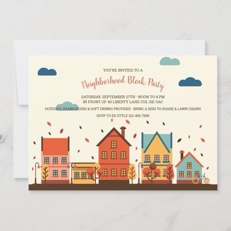 Fall Neighborhood Block Party Invitation  Zazzle Fall Neighborhood, Block Party Invitations, Neighborhood Block Party, Neighborhood Party, Autumn Invitations, Save The Date Wording, Moving Announcement, Moving Announcements, Invitation Inspiration