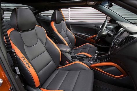 2016 Hyundai Veloster orange and black interior accents seats door panels Hyundai Veloster Turbo, Auto Hyundai, Car Interior Upholstery, Veloster Turbo, Automotive Upholstery, Vw Art, Orange Car, Custom Car Interior, Grey Car