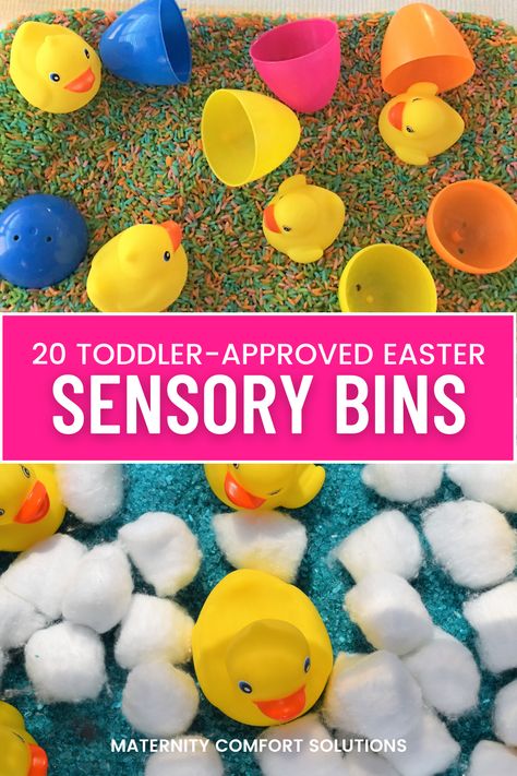 Easter Sensory Bin Ideas For Infants, Plastic Egg Sensory Bin, Easter Sensory Bin Ideas, Easy Sensory Activities, Easter Sensory Bin, Sensory Bins For Toddlers, Sensory Strategies, Play Ideas For Toddlers, Easter Sensory