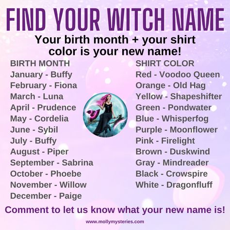 Your birth month + your shirt color is your new name! www.mollymysteries.com Witch Names, Your Birth Month Your, Free Printables Organization, Old Hag, Chest Congestion, Learn Astrology, Male Fitness Models, What Is Your Name, Female Fitness Model