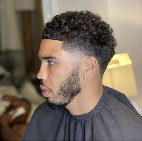 Taper Fade With Beard, Curly Taper, Maluma Haircut, Curly Hair Taper, Curly Taper Fade, Jason Tatum, Blowout Haircut, Fade Haircut Curly Hair, Low Taper Fade Haircut