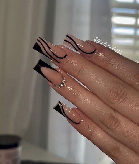 French Acrylic Nail Designs, Black Acrylic Nails, Long Acrylic Nail Designs, Grunge Nails, Long Nail, Girly Acrylic Nails, Glow Nails, French Acrylic Nails, Classy Acrylic Nails