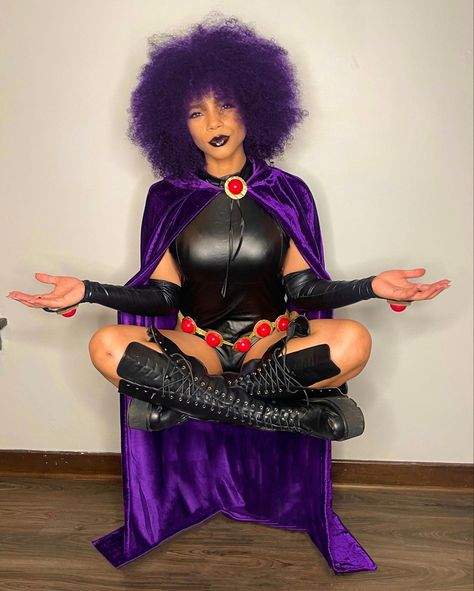 Raven from Teen Titans Raven Cosplay Black Women, Raven Costume Black Women, Beastboy And Raven Halloween Costume, Black Raven Cosplay, Raven Halloween Costume, Purple Afro, Afro Curly Wig, Raven Costume, Holloween Costumes