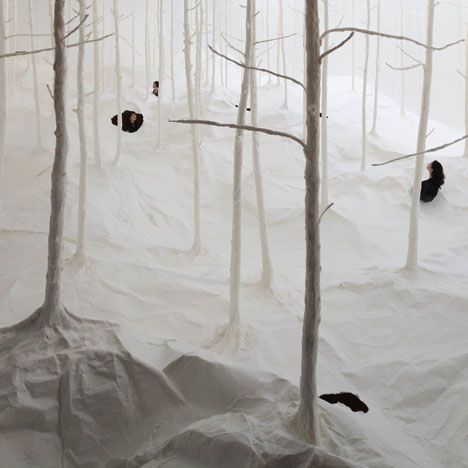 Later this week visitors to the Hong Kong Arts Centre will be able to stick their heads through the ceiling of one gallery to find themselves in a paper winter wonderland. Top and above: photography is by Watanabe Osamu © Mori Art Museum The installation by Takashi Kuribayashi comprises trees in a snowy landscape hovering above Paper Forest, Forest Crafts, Hong Kong Art, Paper Installation, Washi Paper, Sapporo, Sculpture Installation, Paper Sculpture, Japanese Artists