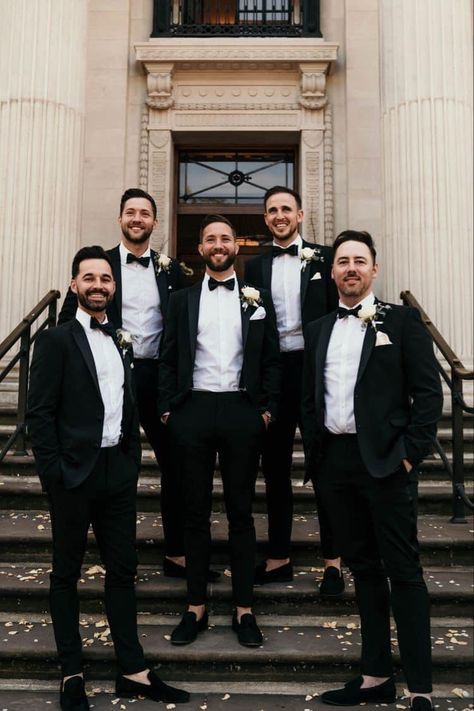 Groomsmen In Bowties, Groomsmen Black Suit Bowtie, Black Tux Groom And Groomsmen, Black Bowtie Groomsmen, Groomsmen In Black Suits, Black Tux Wedding Party, Groomsmen Black Tuxedo, Black Suit Groomsmen, Black Tux Groomsmen