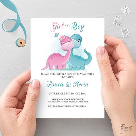 Editable Gender Reveal Invitation Template with cute baby pink and green dinosaurs.
ALL TEXT is editable with Adobe Acrobat Reader.

This listing is a digital, printable invitation for easy, affordable, and beautiful at-home printing or e-mailing.
Change the color, font and edit the files yourself.

*PLEASE NOTE that no physical item will be shipped - these are digital files. Gender Reveal Dinosaur Theme, Dino Themed Gender Reveal, Dino Gender Reveal, Dinosaur Themed Gender Reveal, Gender Reveal Ideas Dinosaur, Dinosaur Gender Reveal Ideas, Dinosaur Gender Reveal, Gender Reveal Invitations Template, Gender Reveal Party Invitations