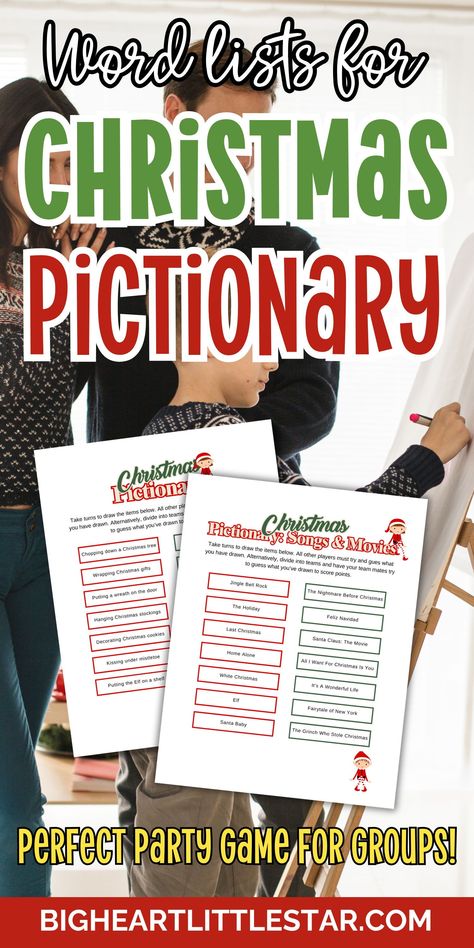 Looking to liven up your next holiday gathering? Try Christmas Pictionary! Featuring a words list that’s great for both adults and kids, this game will keep your guests engaged and entertained. Easy to set up with a printable version, it's a perfect addition to any Christmas party. Christmas pictionary, pictionary word list, christmas party games, fun group games, easy holiday games, christmas drawing game. Pictionary Ideas For Adults Funny, Christmas Pictionary For Adults, Pictionary Ideas For Adults, Easy Holiday Games, Christmas Drawing Game, Christmas Games Printables, Pictionary Word List, Christmas Activities Kids, Christmas Games For Families